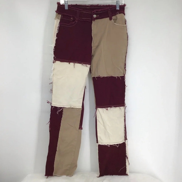 “Jeans” Brand Y2K style Patchwork Mid-Rise Straight Leg Stretch Pants Size L - Picture 2 of 5